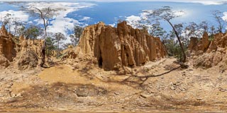 Gold Rush Diggings : It's hard to believe it now, but in the 1850's Golden Gully (near Hill End in the NSW Central West) was a hive of activity as desperate and greedy Chinese and European goldminers sought their fortune from the precious metal that periodic flooding deposited in this creek. The deep walls of the gully show (now dangerous) evidence of underground mines and creek bed fossicking which have led to severe erosion which rerouted Tambaroora Creek, so the gully is now dry.  Surprisingly, the gully is named not for the metal, but after the nearby wattle trees which bloom yellow in winter.  Like other formations, the walls of Golden Gully change colour according to the time of day. This panorama was photographed in the middle of the day, in Spring. [8068] (_D0A8068 Panorama-Plus.jpg)